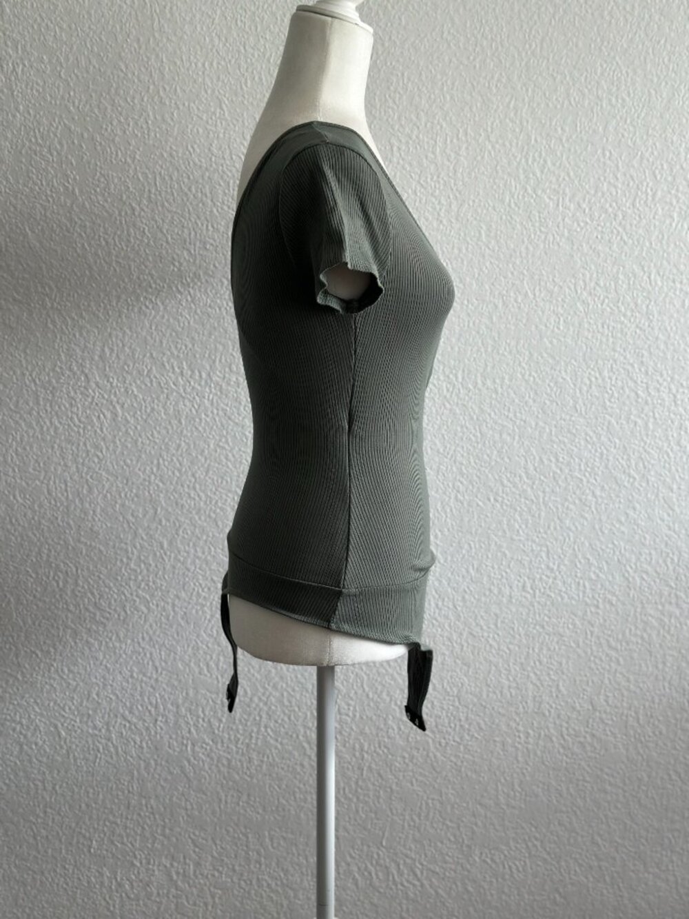 Lulus Olive Green Ribbed Wrap Bodysuit Small Stretch V-Neck Short Sleeve - Picture 5 of 8
